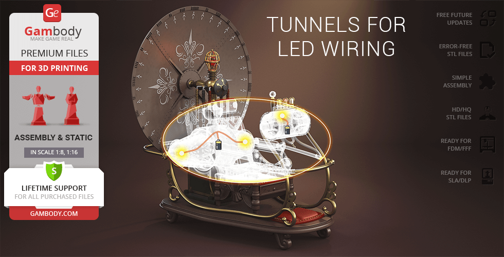 A detailed 3D model of a vintage time machine with wiring for LED setup, designed for 3D printing.