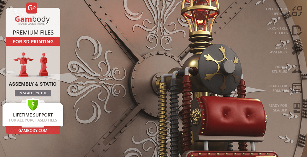 Steampunk-style 1960 time machine with ornate details, gears, and red cushions for 3D printing.