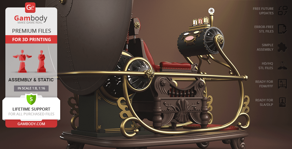 A detailed 3D model of a vintage time machine with ornate design elements for printing.