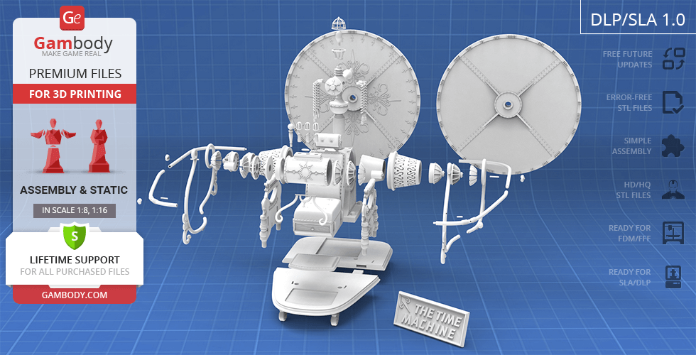 Vintage 1960s time machine model with gears and seat, designed for 3D printing.