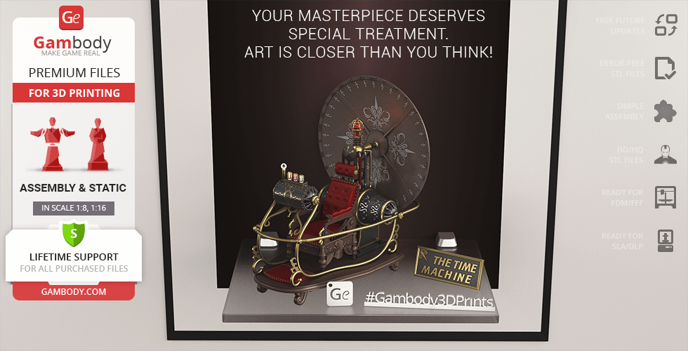 A 3D model of a vintage time machine with intricate details, displayed for printing.