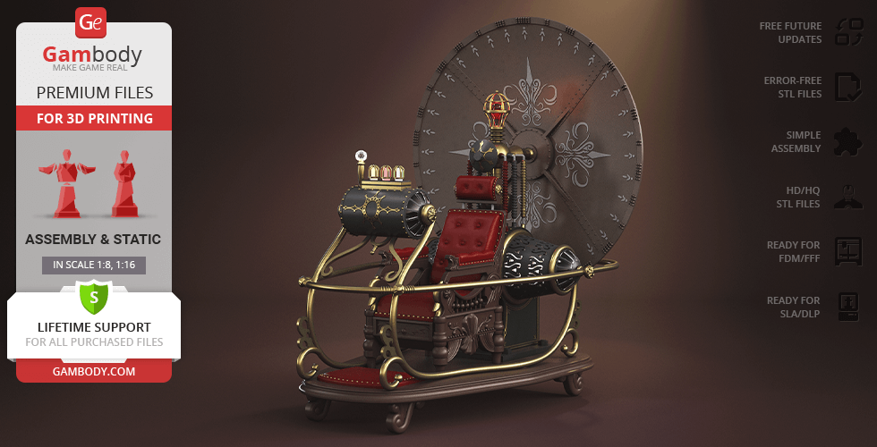 Steampunk-style 1960 time machine model with ornate seat and large disc at the back for 3D printing.