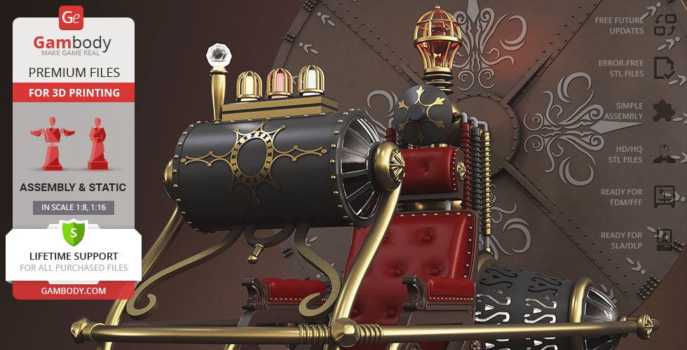 A detailed 3D model of a vintage time machine with ornate design, gears, and a red cushioned seat.