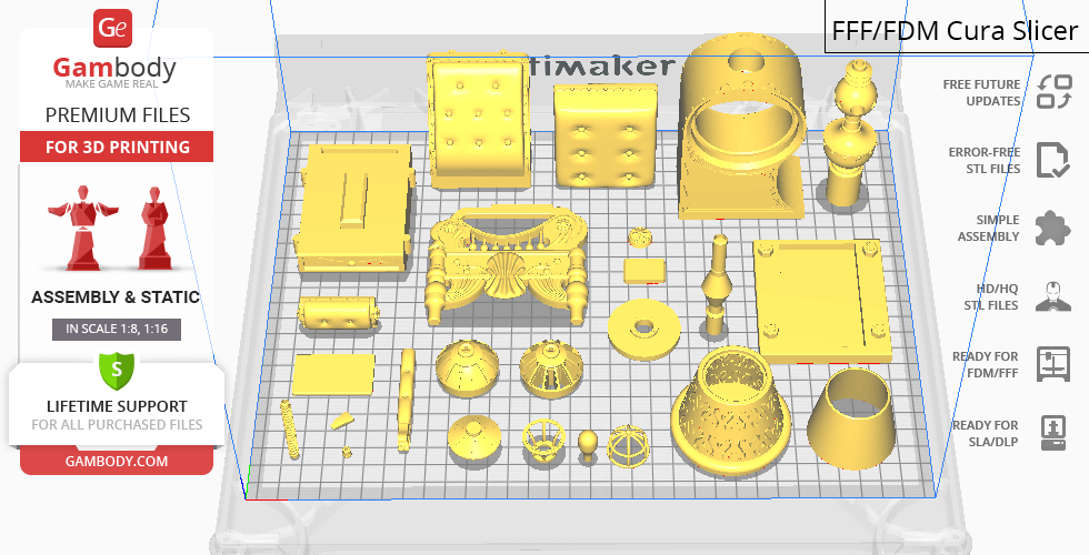 STL files displayed for 3D printing a detailed, sectioned model of a 1960 time machine.