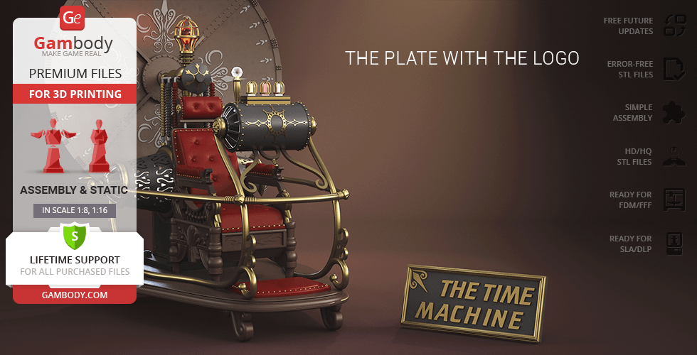 Intricate vintage time machine model with ornate seat and controls for 3D printing display.
