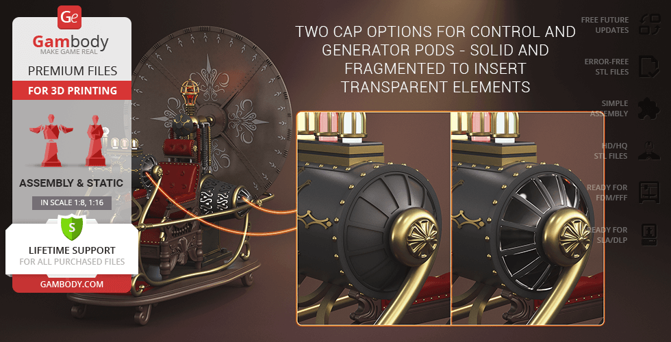 A 3D model of a vintage time machine with intricate details for 3D printing, featuring control and generator pods.