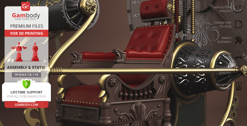 Intricate 3D model of a vintage time machine with red upholstery and ornate details for 3D printing.