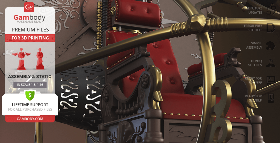 A detailed 3D model of a vintage time machine with red seating and intricate brass accents for printing.