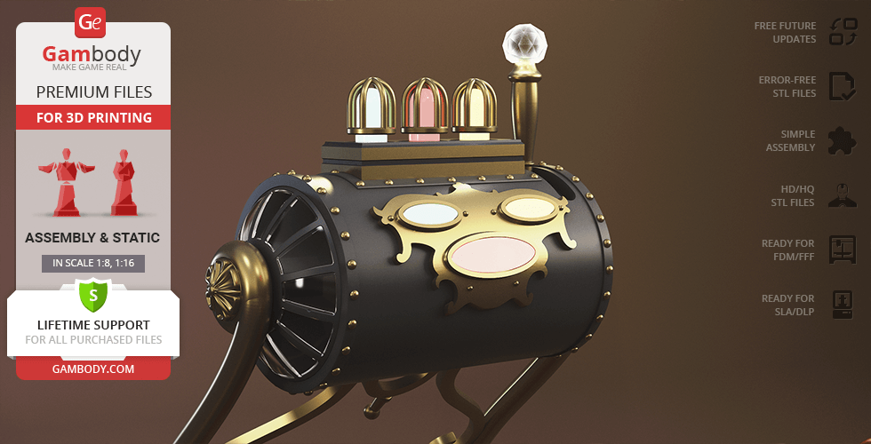 Vintage-style time machine model with ornate details and a steampunk design for 3D printing.