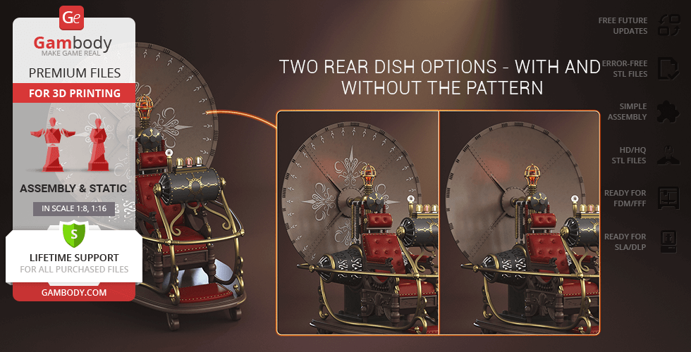 A detailed 3D model of a 1960 time machine with two rear dish options for 3D printing.
