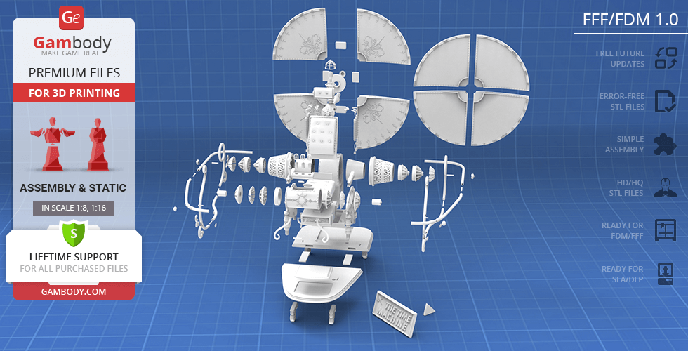 1960 Time Machine model parts laid out for 3D printing on a blueprint background.