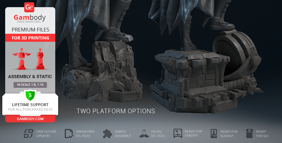 Batman figure 3D model on two platform options for 3D printing from Gambody.