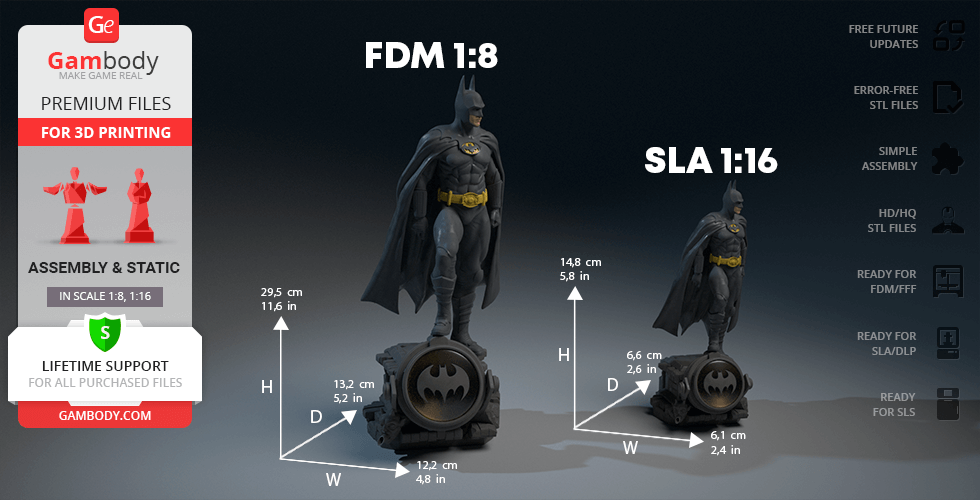 3D printed Batman model on a base, available in two scales: 1:8 and 1:16, featuring detailed features.
