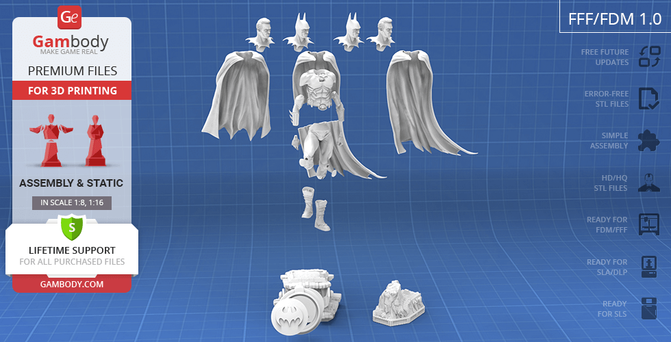 3D model parts of Batman 1989 for printing, including cape, heads, and base, displayed on a blue grid.