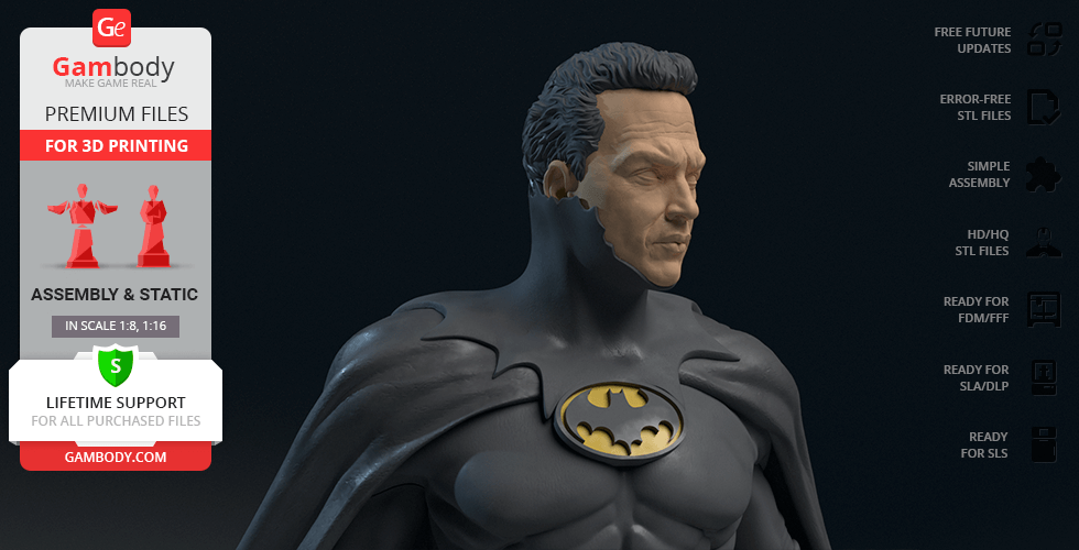 3D printed bust of Batman with suit and emblem, shown on a promotional image for Gambody.