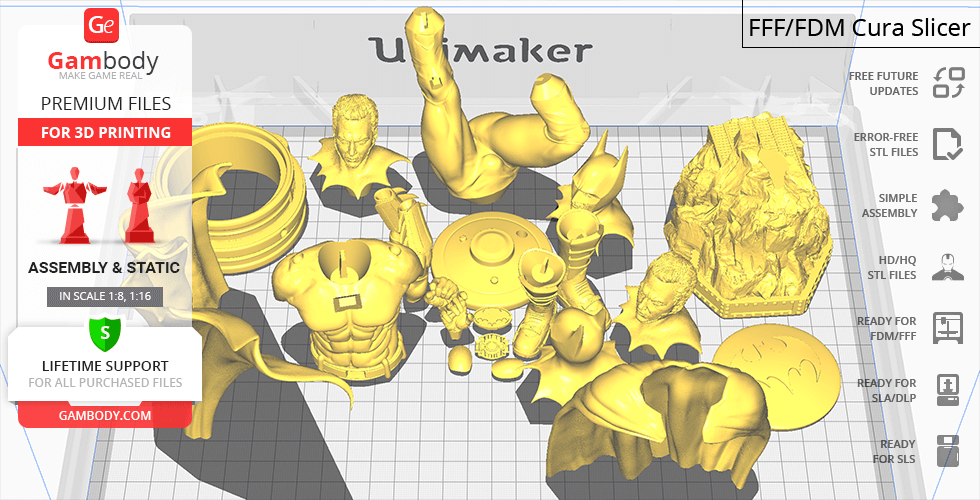3D printed parts of a figure, cape, and base pieces displayed in a slicing software layout.