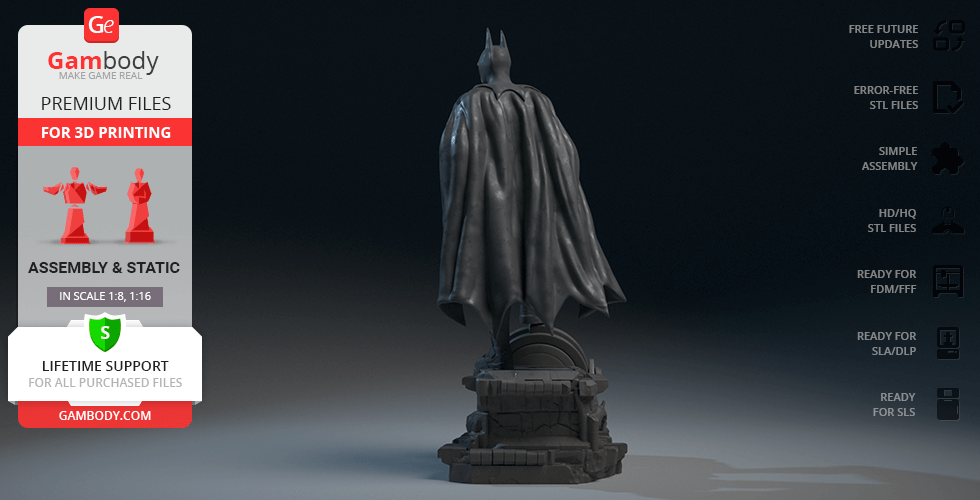 3D model of Batman from 1989, cloaked, standing on a detailed base, ready for 3D printing.