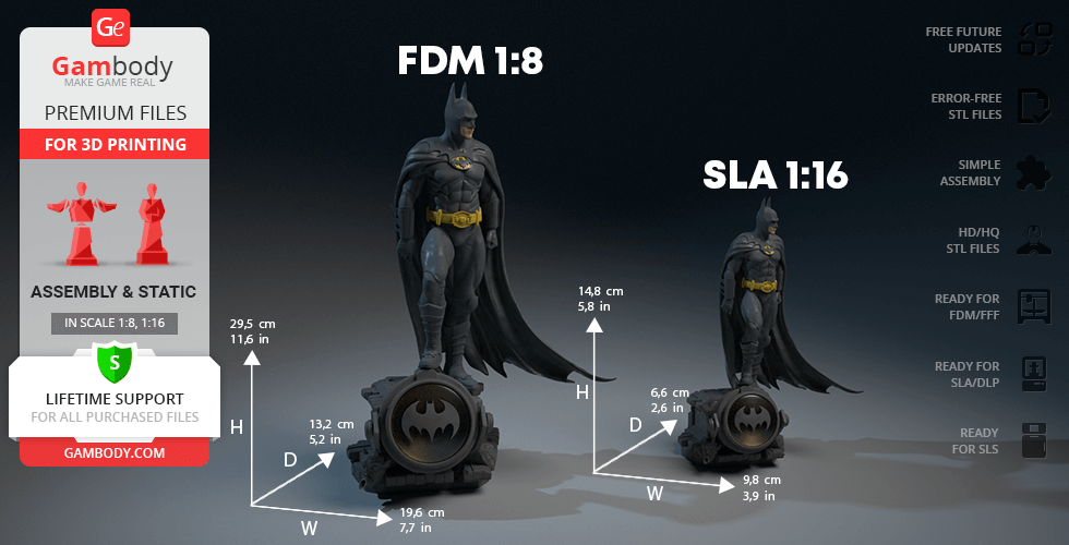 Two 3D printed Batman 1989 figures on bases, labeled FDM 1:8 and SLA 1:16 scale, with dimensions shown.
