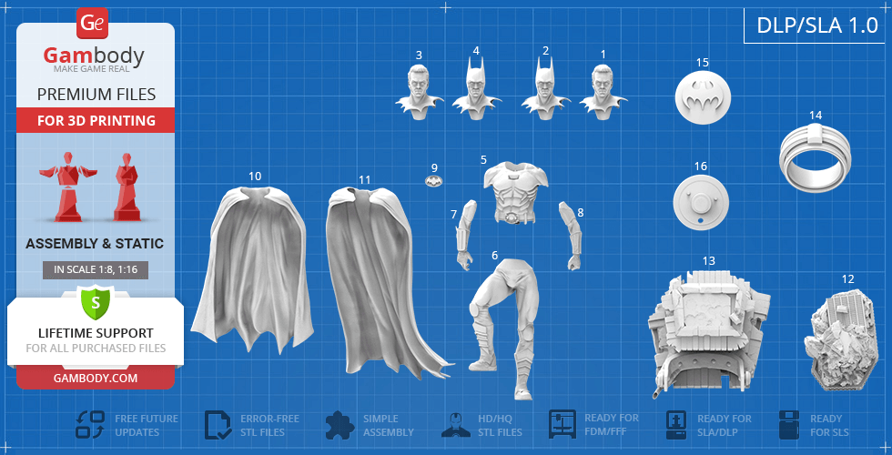 3D printable parts for a Batman figure, including heads, capes, torso, emblem, and base.