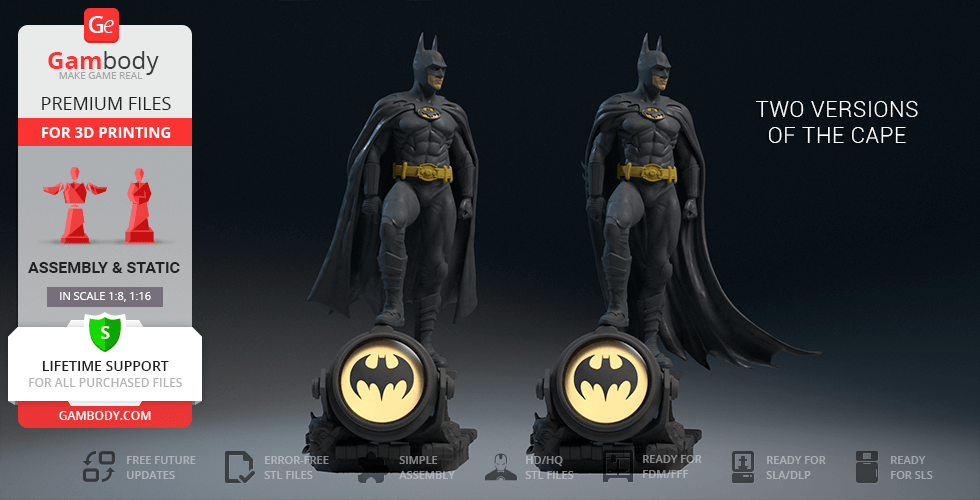 Two Batman 1989 statues with different capes for 3D printing on a bat-symbol base.