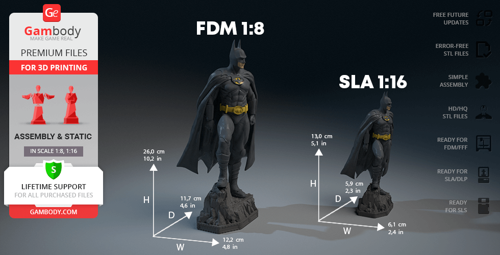 3D printed Batman figurines in two scales: 1:8 and 1:16, with detailed measurements.