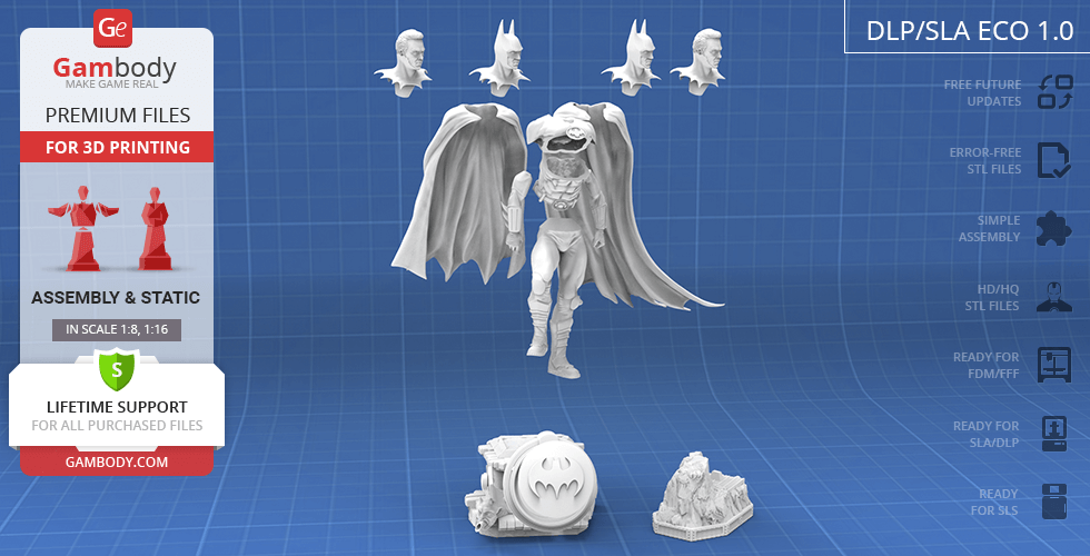 Batman 1989 3D model for printing, includes multiple head options and display bases.