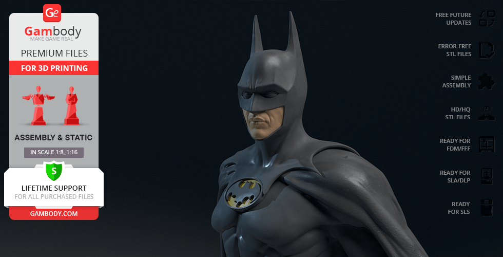 3D model of Batman 1989 style, showcasing detailed suit and cowl, ready for 3D printing by Gambody.