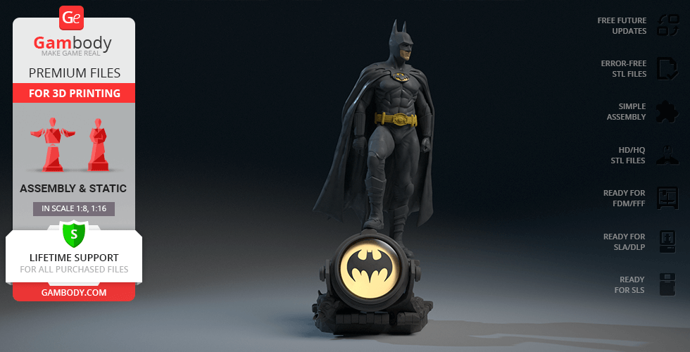 Batman 1989 figure for 3D printing, standing heroically on a base with a Bat-Signal spotlight.
