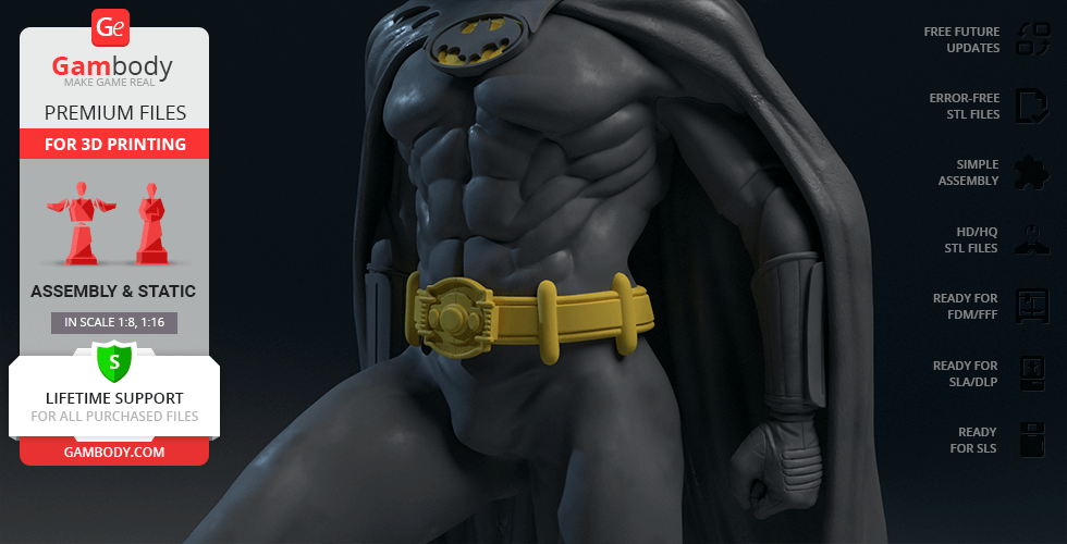 3D model of a muscular superhero with cape and emblem, ready for 3D printing, featured on Gambody.