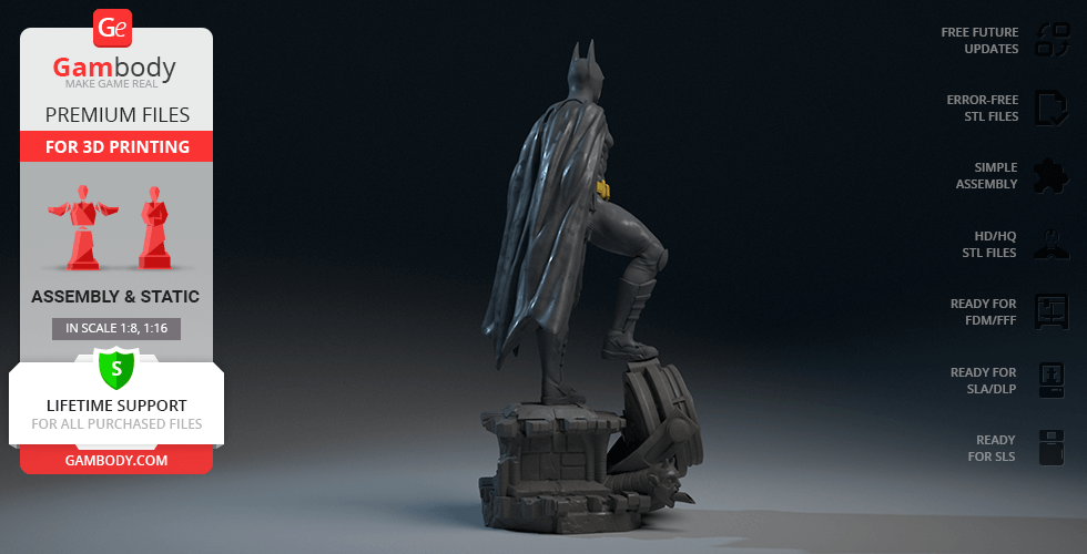 A 3D model of a caped superhero stands on a detailed base, ready for 3D printing, shown from behind.