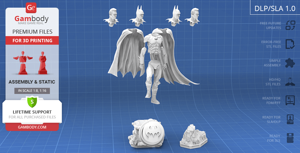 3D model of Batman 1989 with interchangeable heads and base, designed for 3D printing.