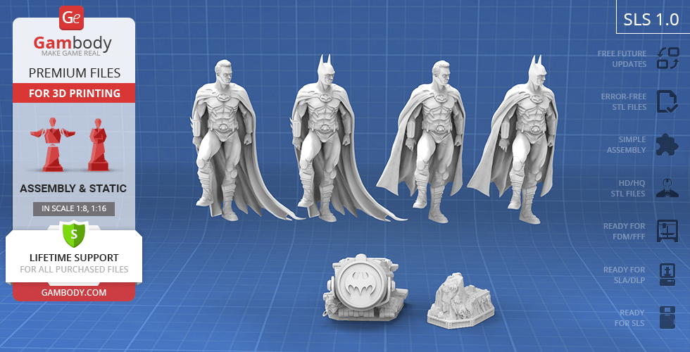 3D printable models of Batman 1989, showing multiple poses and base accessories on a blueprint background.