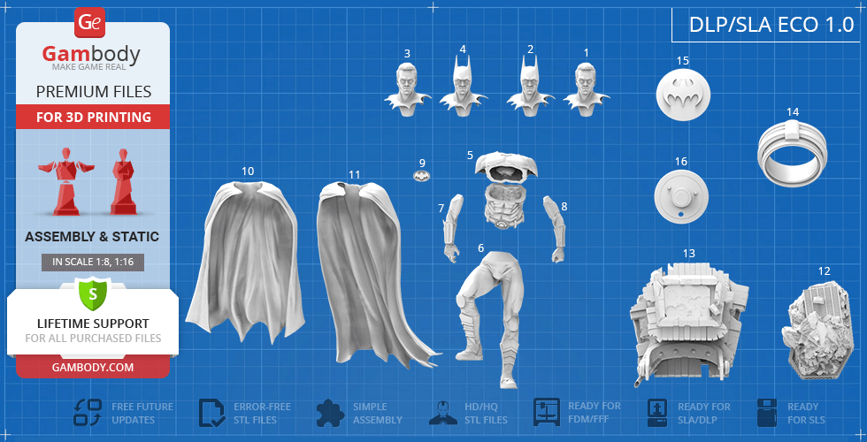 Batman's 1989 3D print model parts: heads, torso, arms, legs, cape, and base, arranged on a grid.