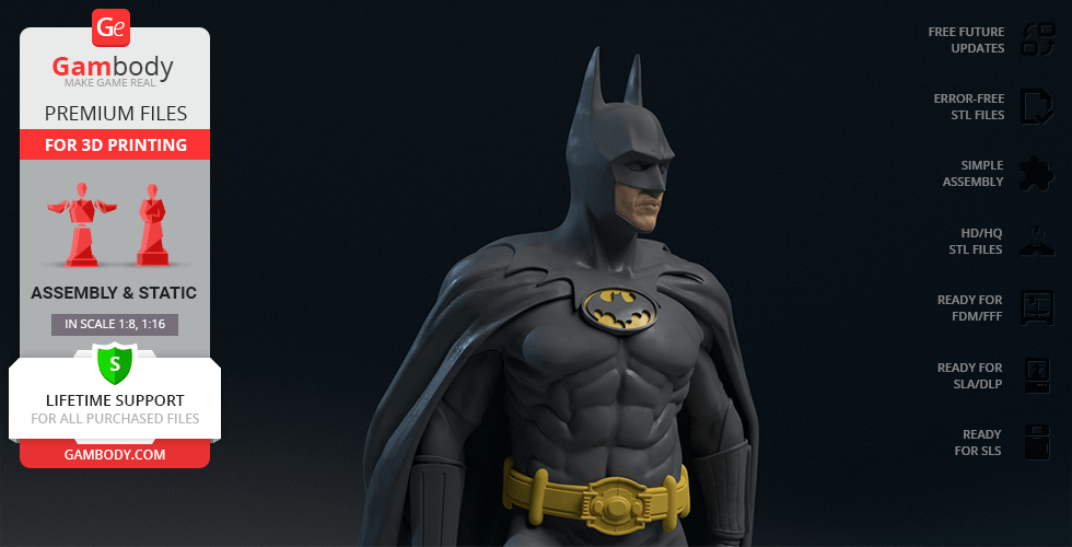 3D model of a muscular figure in a Batman costume, featuring a detailed emblem and utility belt.