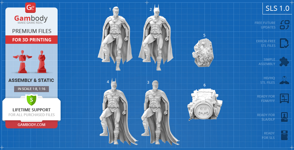 Five detailed Batman figurine models and a Bat-signal for 3D printing displayed on a grid background.