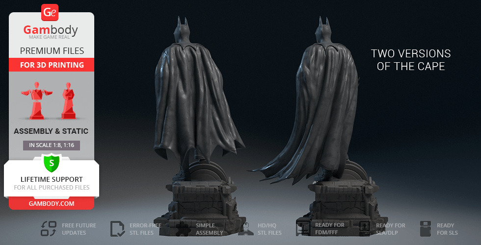 3D model of Batman 1989 for printing, featuring two cape versions on a pedestal.