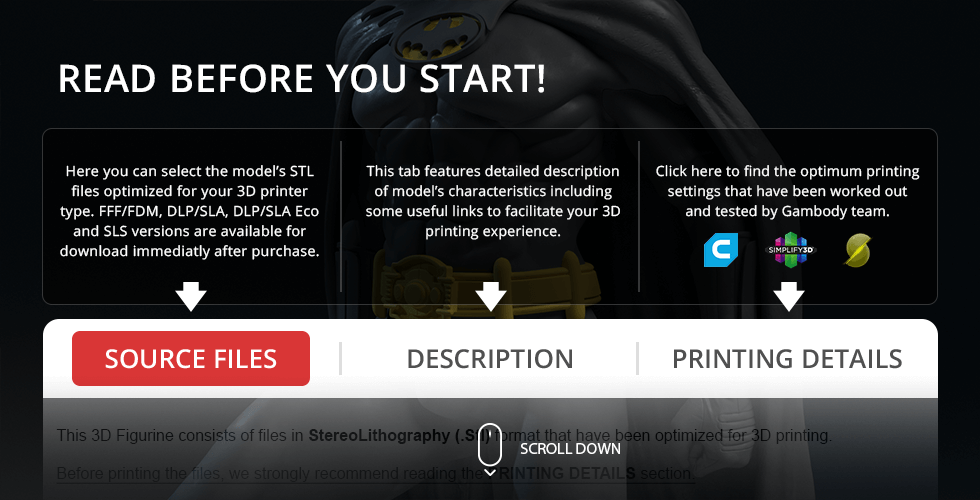 Guidance for 3D printing Batman 1989 STL files from Gambody, detailing source files and printing settings.
