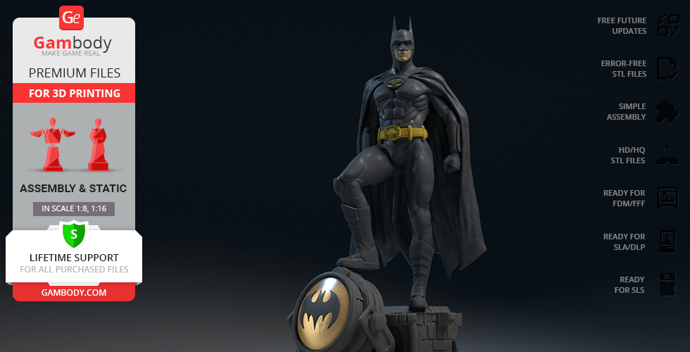 3D model of Batman 1989 standing on a stone gargoyle pedestal, ready for 3D printing.