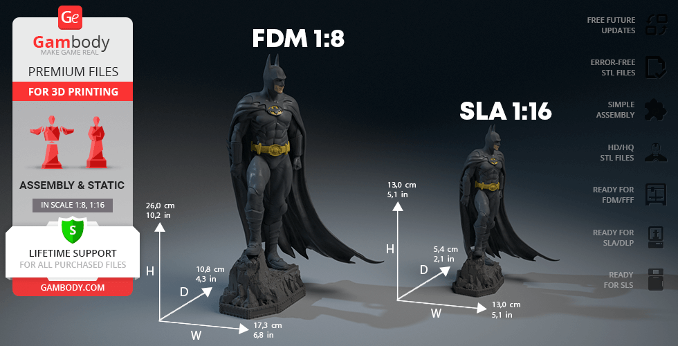 A 3D print model of Batman 1989 in FDM 1:8 and SLA 1:16 scales by Gambody, featuring detailed measurements.