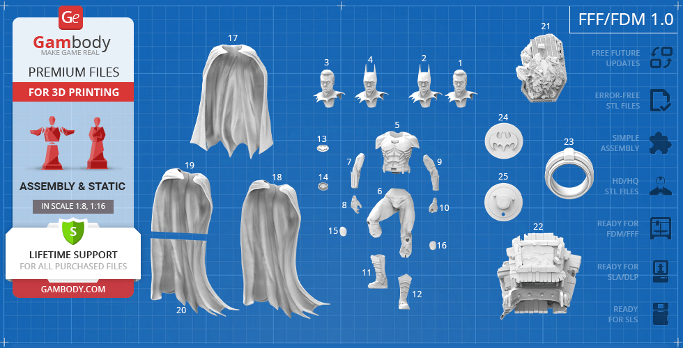 3D printable Batman 1989 model parts, including heads, torso, limbs, cloak, and base on a blueprint background.