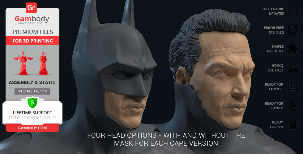 Two detailed 3D Batman heads, one masked and one unmasked, in a promotional image for a 3D printing file.