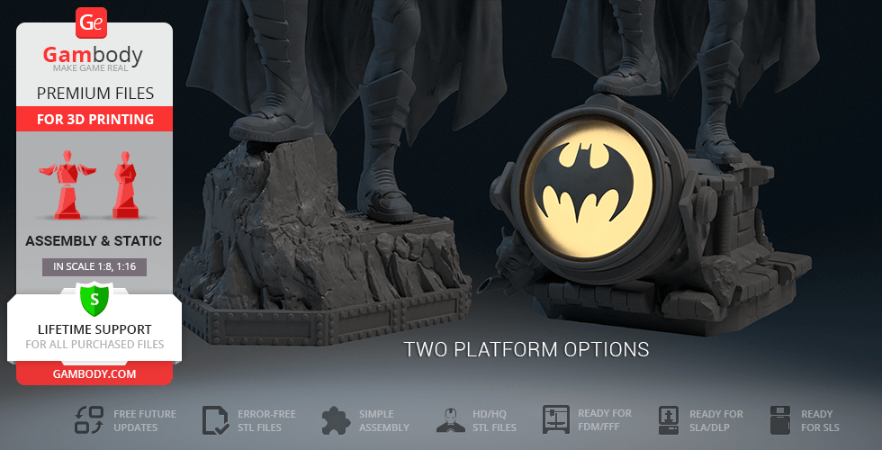 Two Batman 1989 statue bases for 3D printing: one rocky, one with a Bat-Signal.