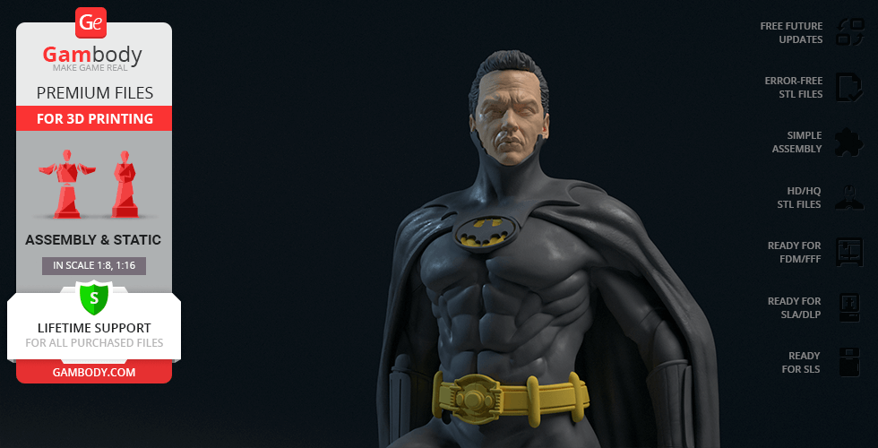 3D model of a superhero in a dark suit with a yellow belt, featuring a cape and an emblem on the chest.