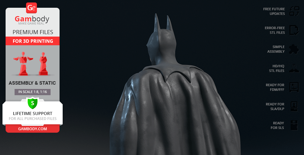 3D model of Batman 1989's back view with cape, designed for 3D printing by Gambody.
