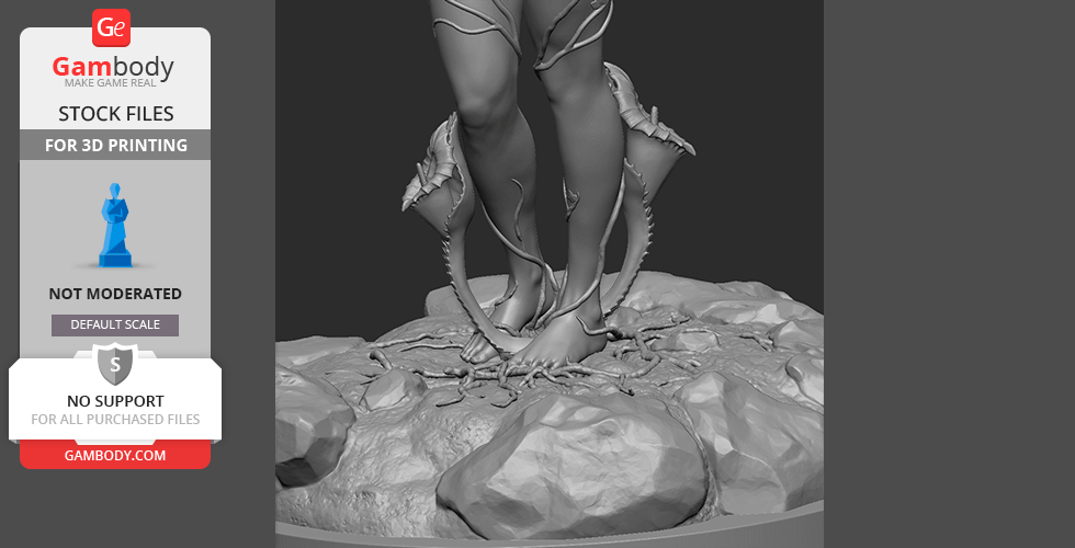 A 3D model of a figure with vines encircling their legs, standing on a rocky base with plant details.