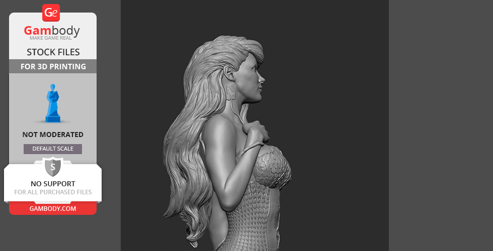 A detailed 3D model of a woman with long flowing hair and textured clothing in a side profile view.