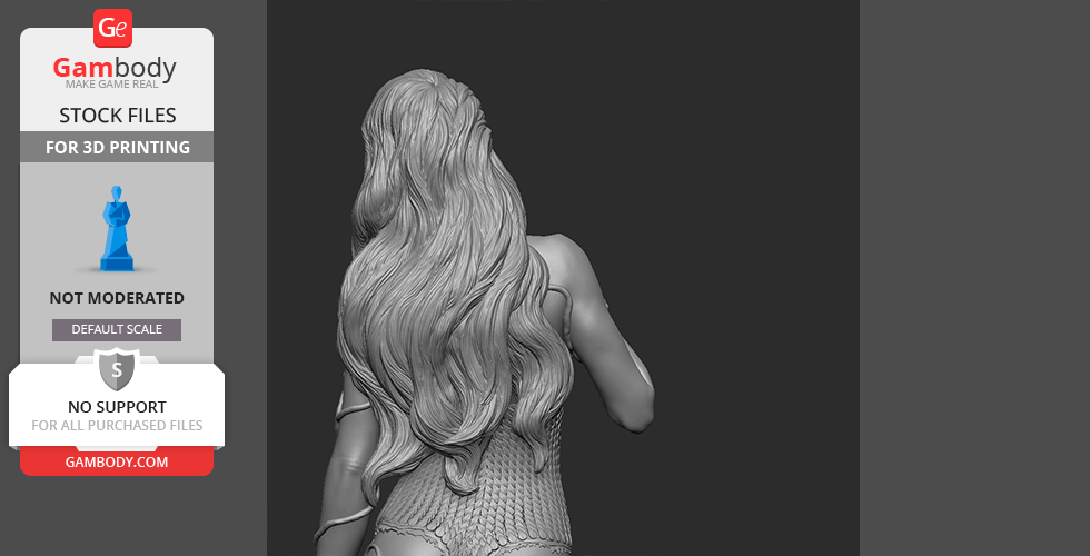 3D model of a woman with long, flowing hair and a textured outfit, designed for 3D printing.