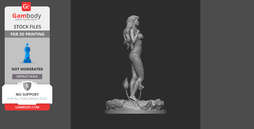 A detailed 3D model of a woman with long hair, standing on a rocky base, surrounded by plants.
