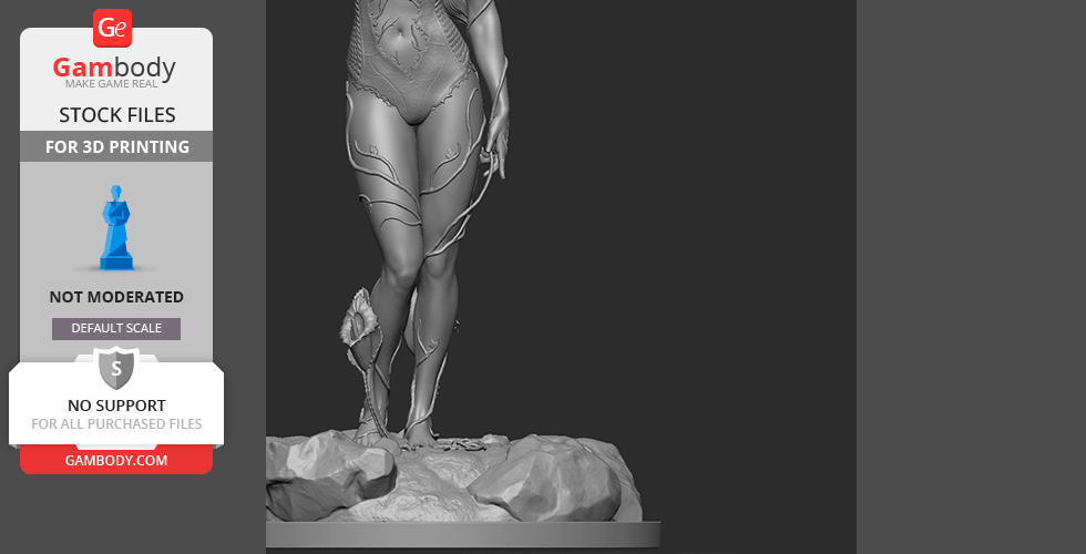3D model of a woman with plant-like features standing on a rocky base, designed for printing.