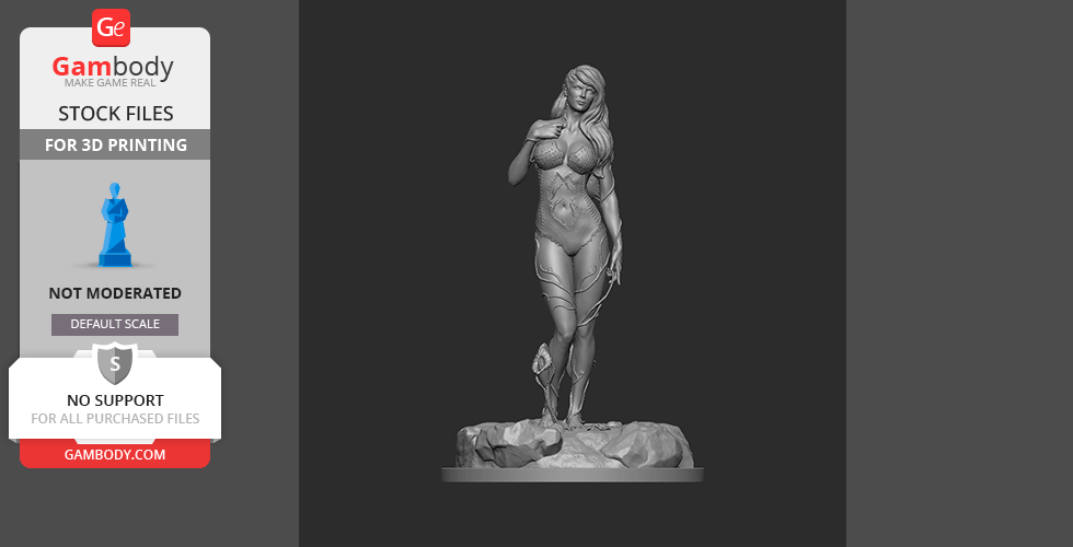 A 3D model of a woman standing on a rock with foliage details, for 3D printing.